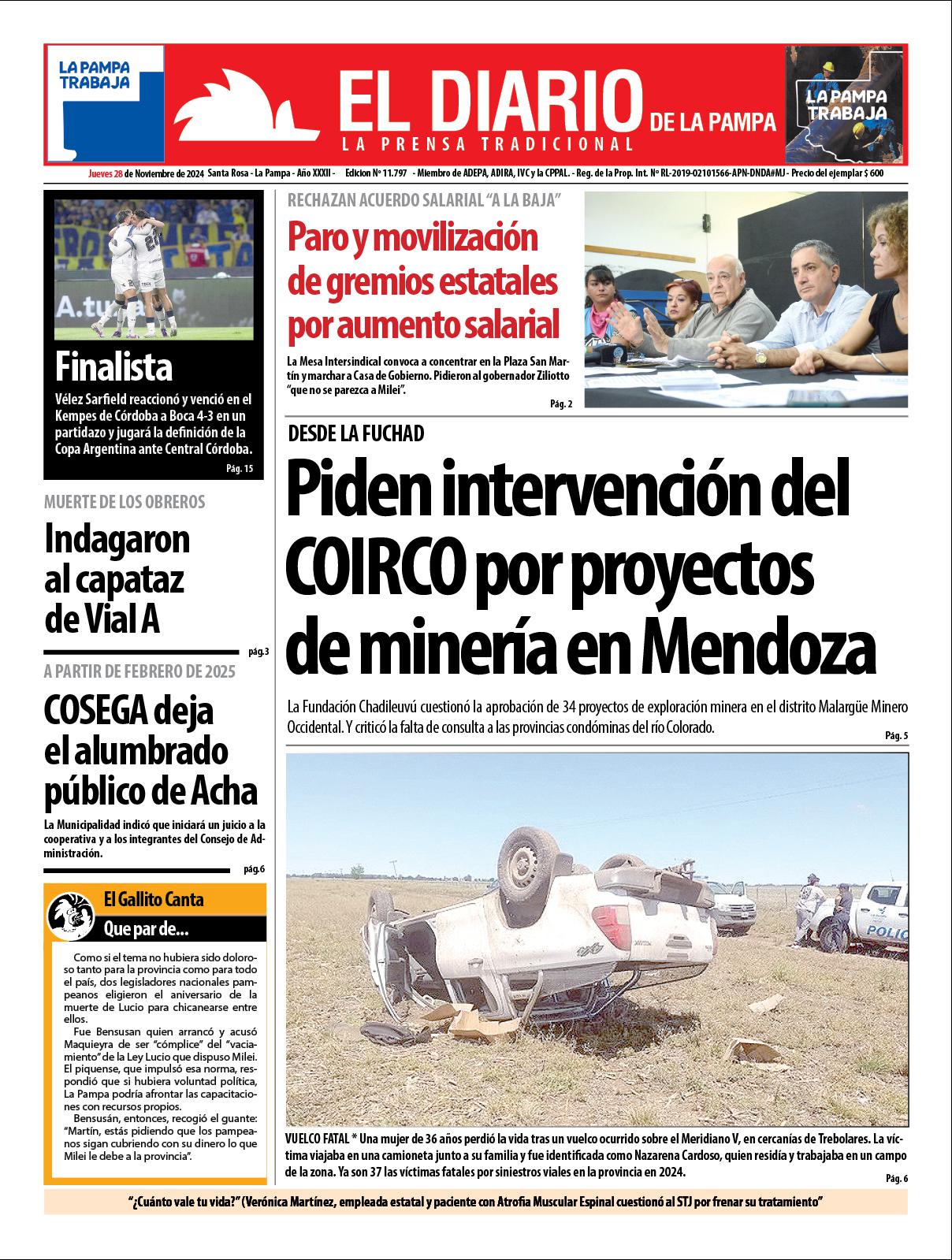 Tapa de El Diario en papel  jueves 28 de noviembre de 2024